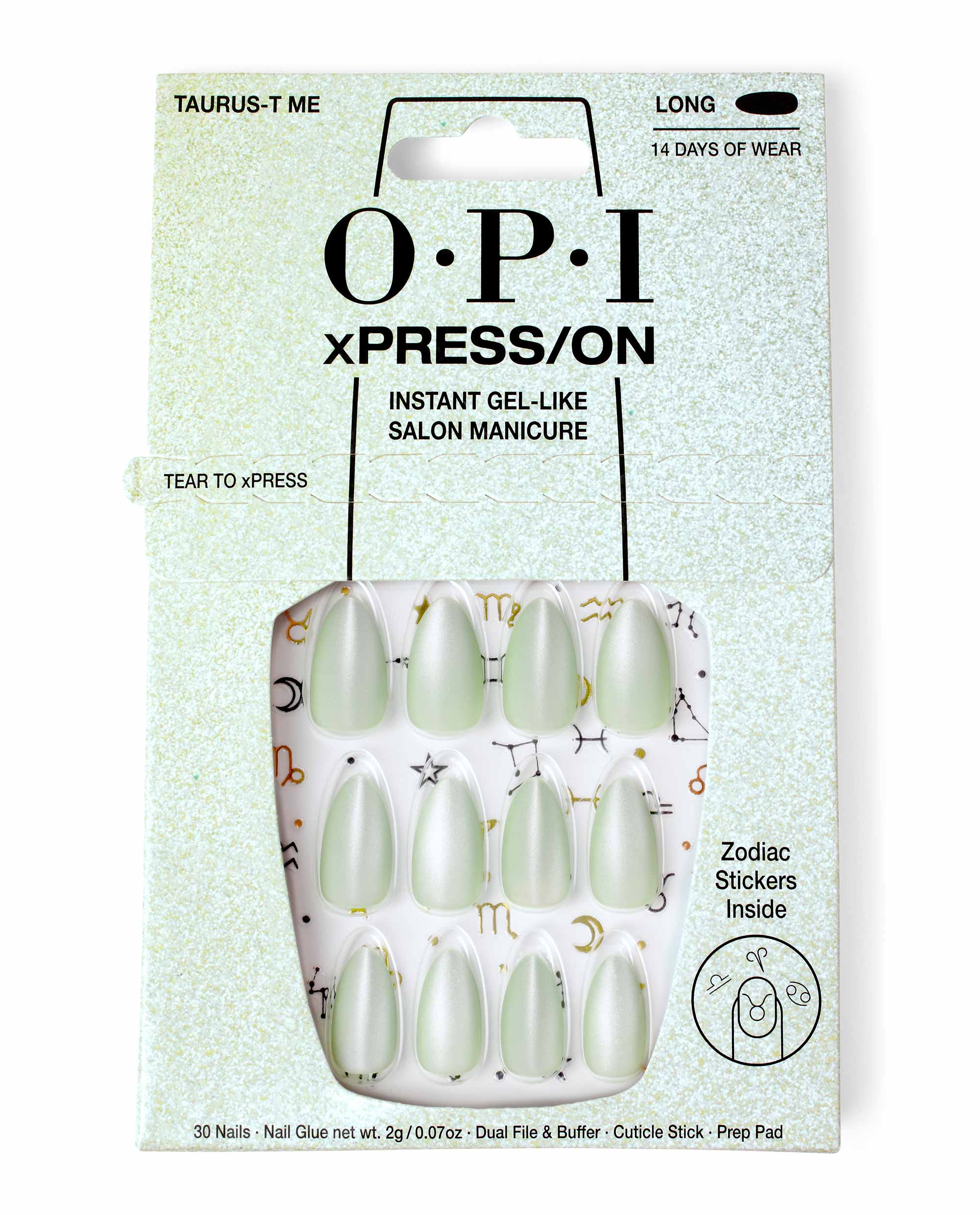 OPI Taurus-t Me xPRESS/ON Effects press-on nails showcase long almond tips in soft pearly mint, a green nail polish shade perfect for spring nail colors, presented in a glittery windowed box with 30 nails, gel-like finish, and zodiac stickers inside.
