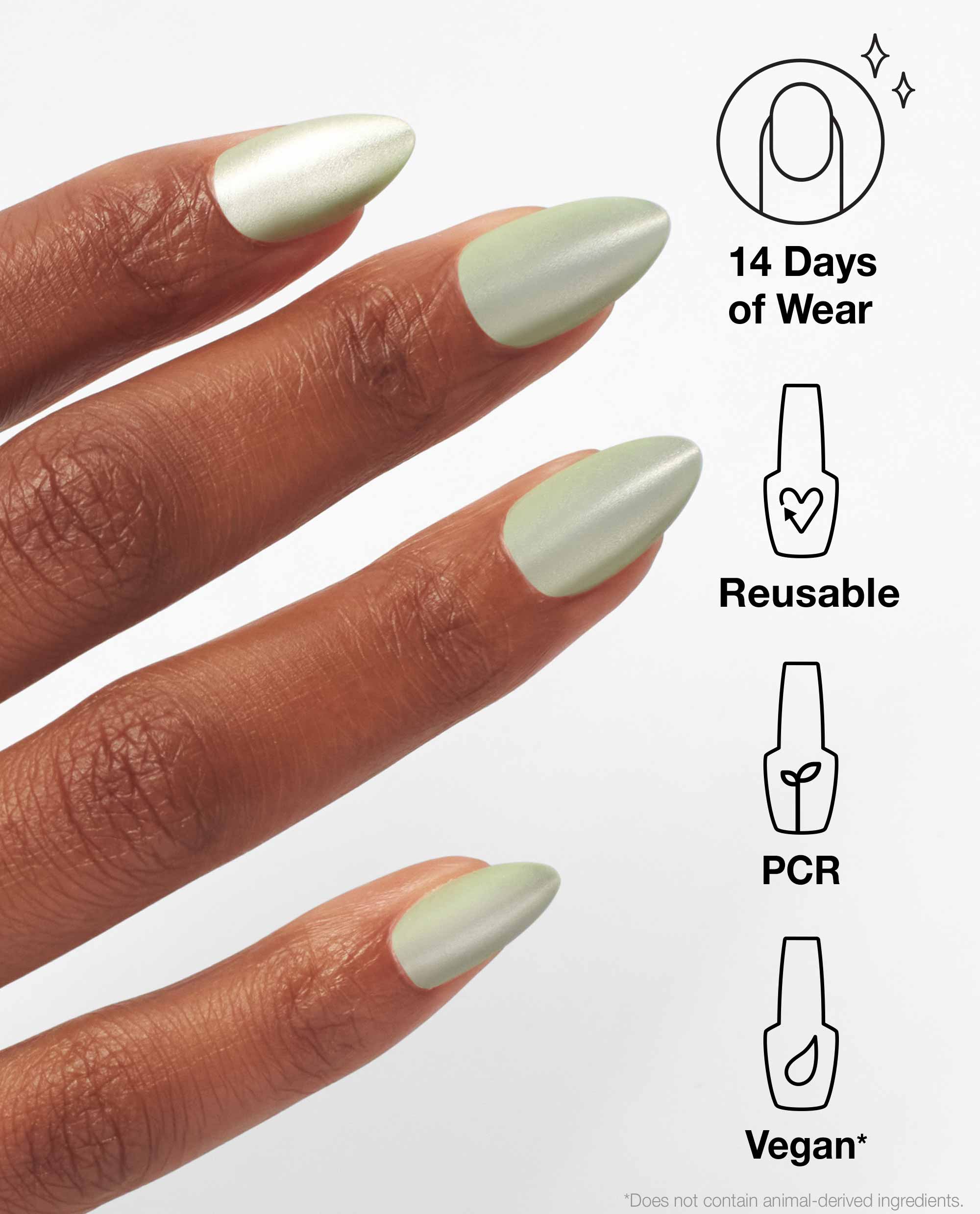 Taurus-t Me xPRESS/ON Effects press-on nails glimmer in soft mint pearl on almond tips, shown on a hand against white with icons for 14 days wear, reusable, PCR, and vegan—an easy OPI green nail polish look for spring nail colors.