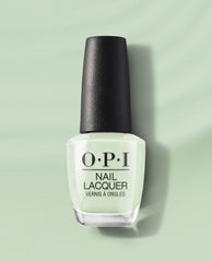 OPI That’s Hula-rious! Nail Lacquer bottle displays pastel mint green nail polish, standing upright with a textured black cap on a matching mint backdrop, highlighting fresh spring nail colors from OPI.
