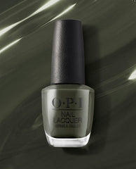 Things I’ve Seen in Aber-green OPI nail polish bottle standing upright, showcasing deep moss-green nail lacquer in a clear glass bottle with black cap against a glossy matching green background.
