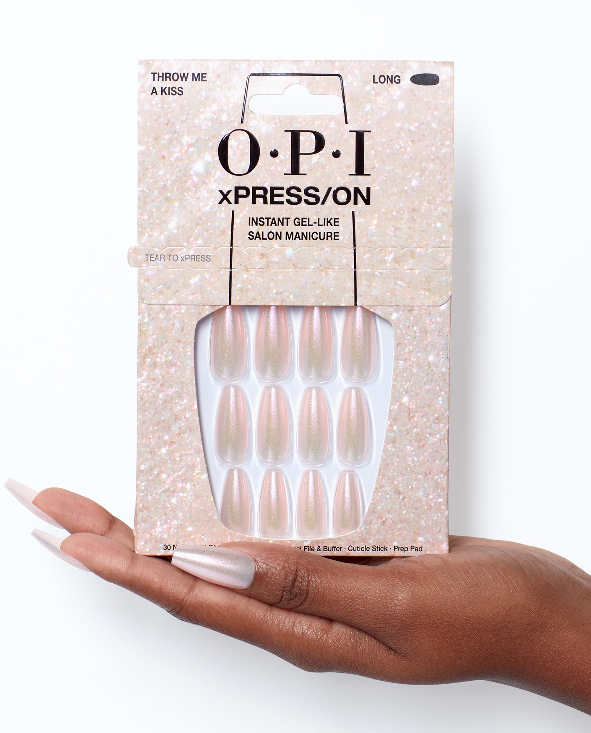 OPI Throw Me a Kiss - Long Shimmery Pink Press-on Nails Hand and Product