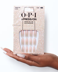 OPI Throw Me a Kiss - Long Shimmery Pink Press-on Nails Hand and Product