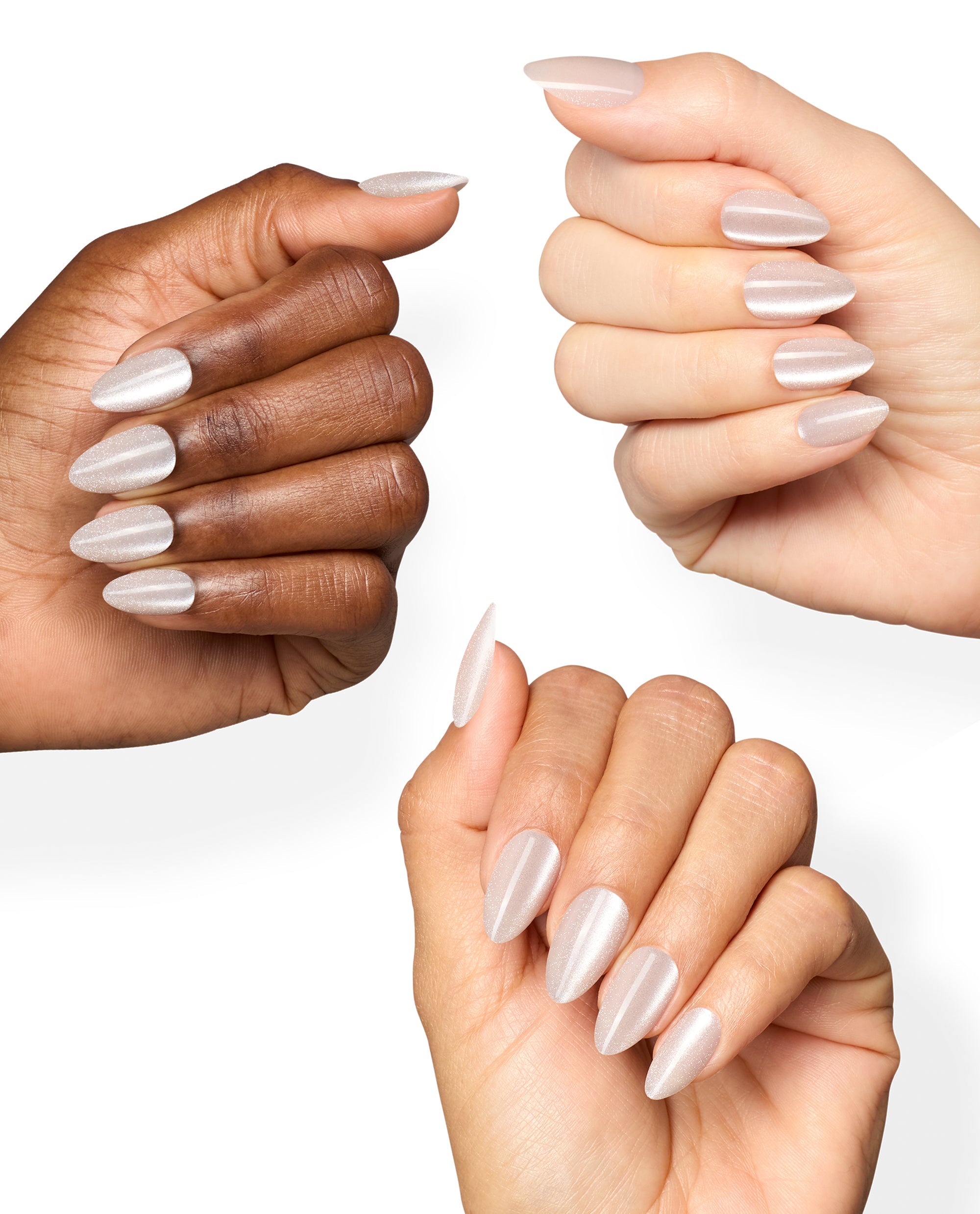 Three hands display almond-shaped manicures in OPI Throw Me Some Chrome, a pearly champagne chrome On Point shade for fall nail colors, against a clean white background.