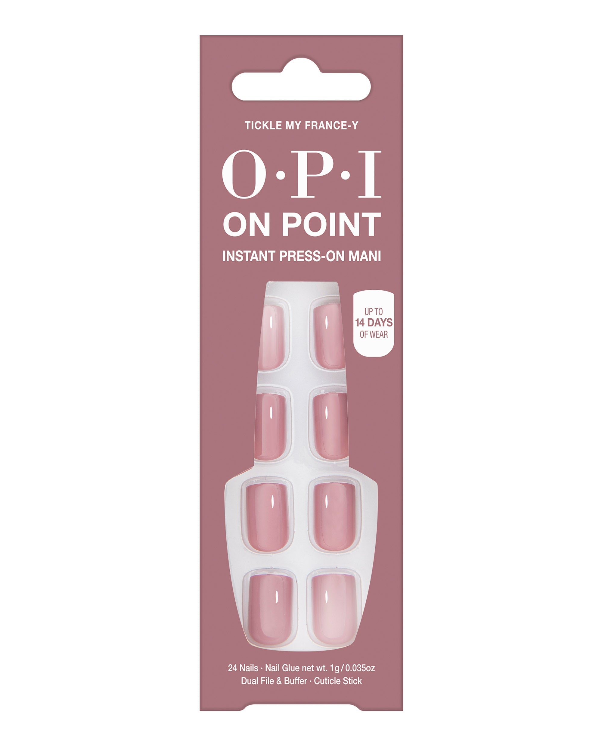 OPI On Point Tickle My France-y instant press-on mani set displayed in mauve-pink packaging, showing glossy nude-pink press-on nails with included nail glue, file, buffer, and cuticle stick, perfect as an OPI nail polish gift set.