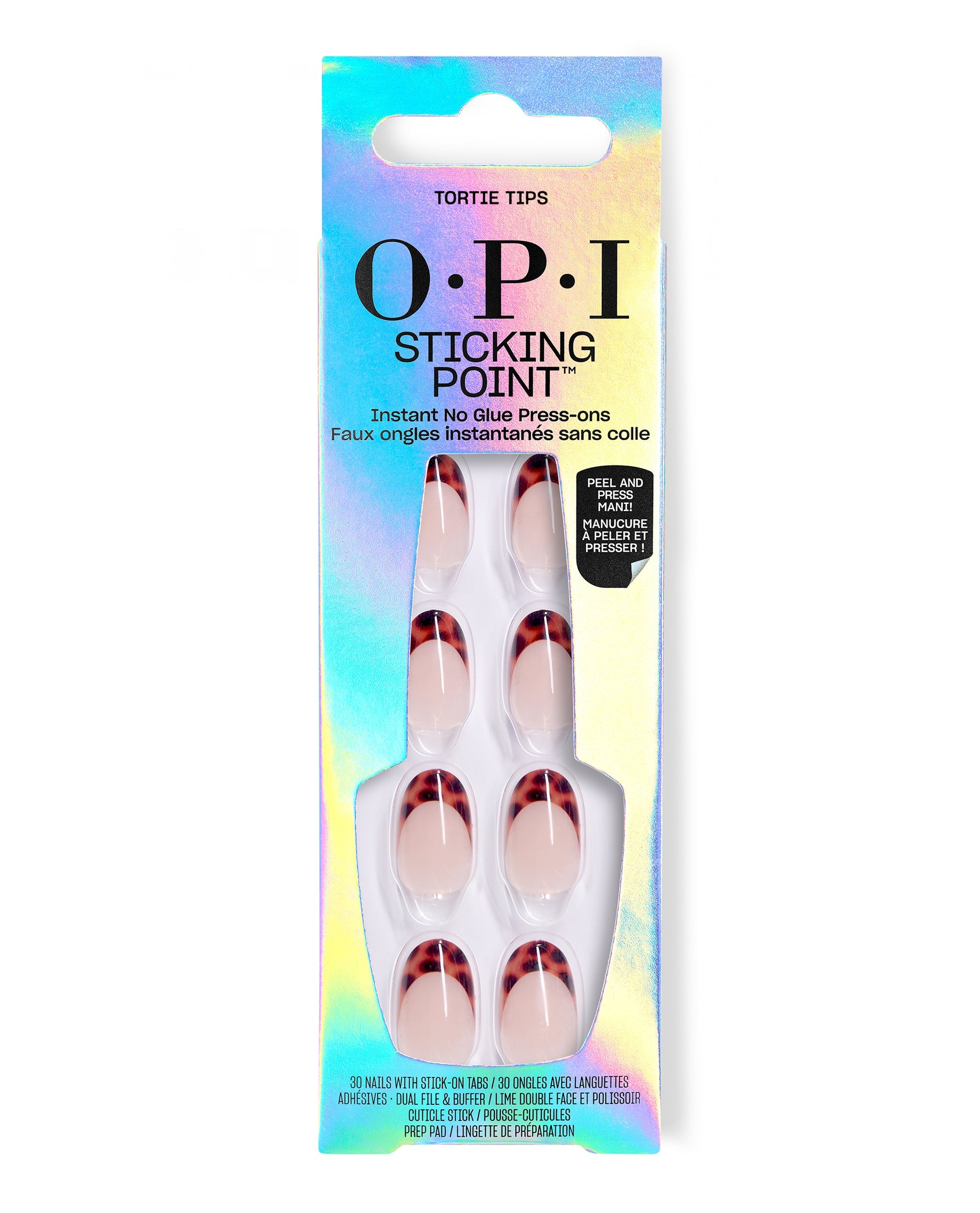 OPI Sticking Point Tortie Tips press-on nails displayed in iridescent packaging, featuring nude oval artificial nails with tortoiseshell French tips for fall nail colors.