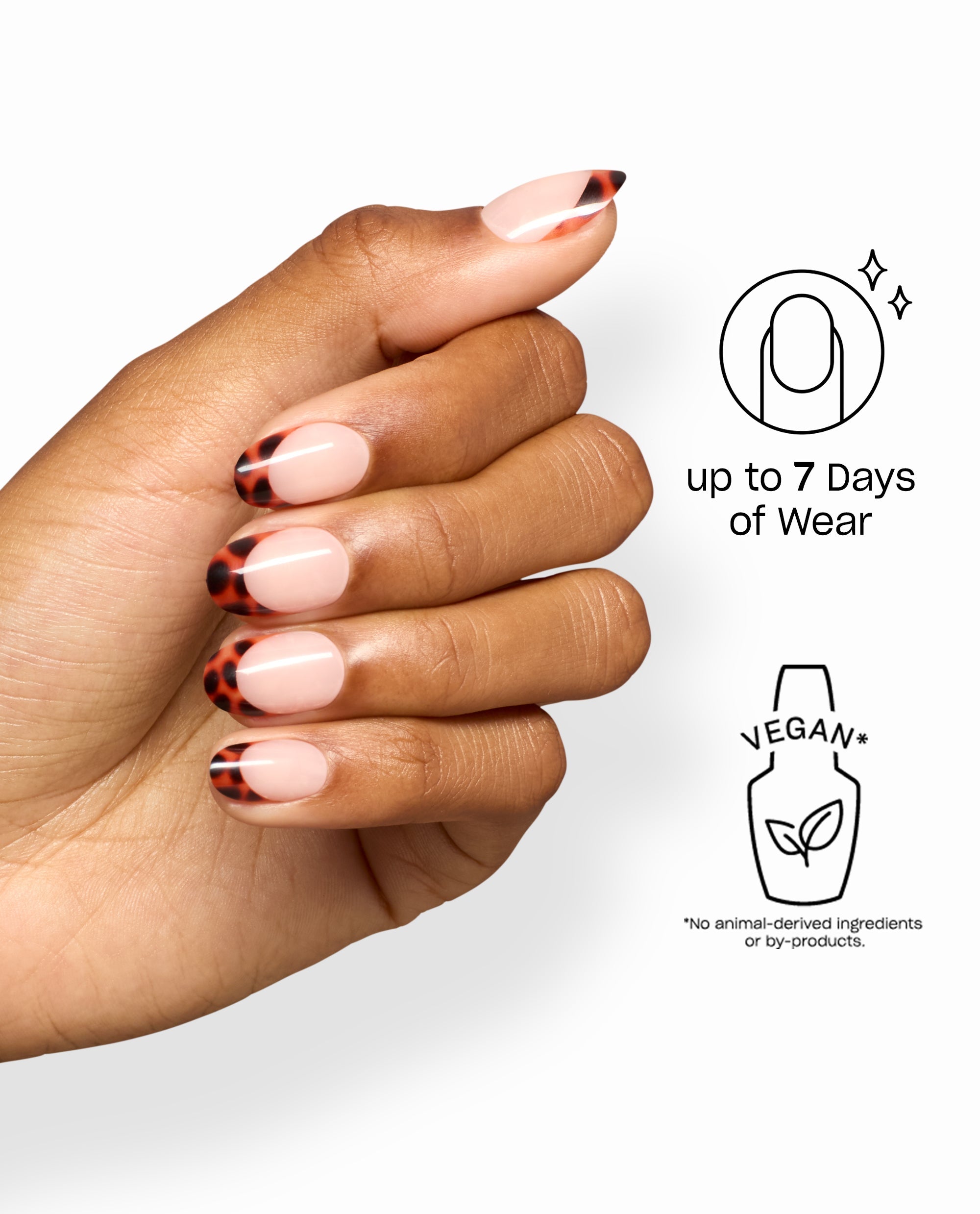 Hand wears OPI Tortie Tips Sticking Point artificial nails with glossy pale pink bases and tortoiseshell French tips, a vegan fall nail colors style with up to 7 days of wear.