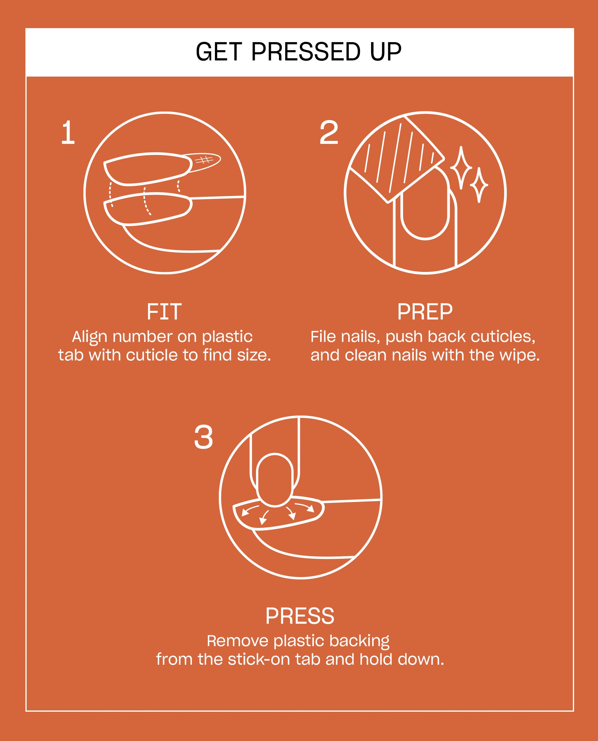 OPI Tortie Tips Sticking Point guide shows three steps to fit, prep, and press tortoise-inspired press-on nails, with white line illustrations on a burnt orange fall nail colors background.