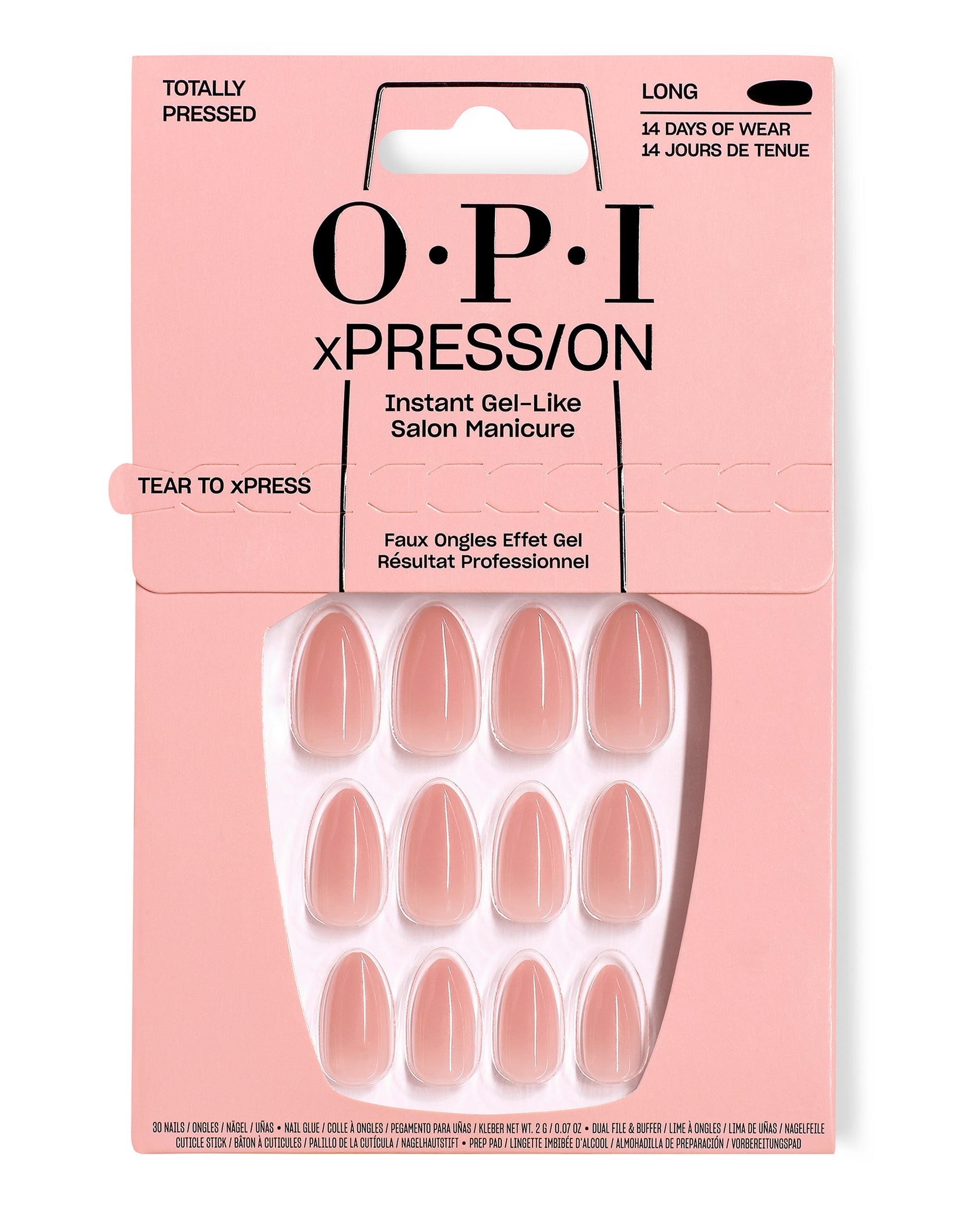 OPI Totally Pressed xPRESS/ON Iconic Shades long press-on nails displayed in a pink retail box, showing 30 glossy nude artificial nails arranged in rows, ideal as an OPI nail polish gift set for an instant gel-like salon manicure at home.