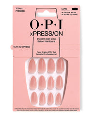 OPI Totally Pressed xPRESS/ON Iconic Shades long press-on nails displayed in a pink retail box, showing 30 glossy nude artificial nails arranged in rows, ideal as an OPI nail polish gift set for an instant gel-like salon manicure at home.
