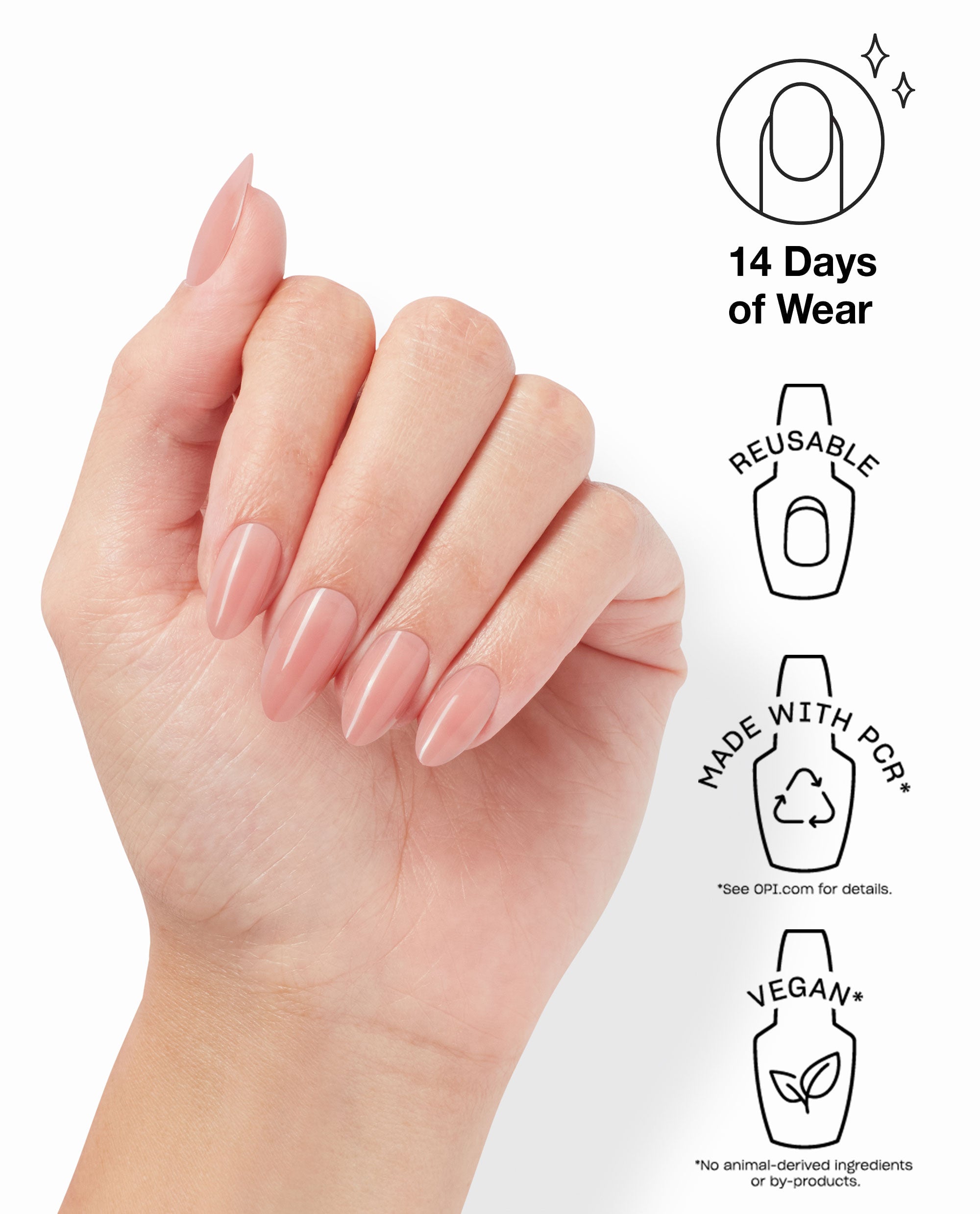 Hand wearing Totally Pressed xPRESS/ON Iconic Shades (Long) in a glossy nude pink, showing OPI nail polish gift set benefits: 14 days of wear, reusable nails, made with PCR materials, and vegan formula icons on a clean white background.
