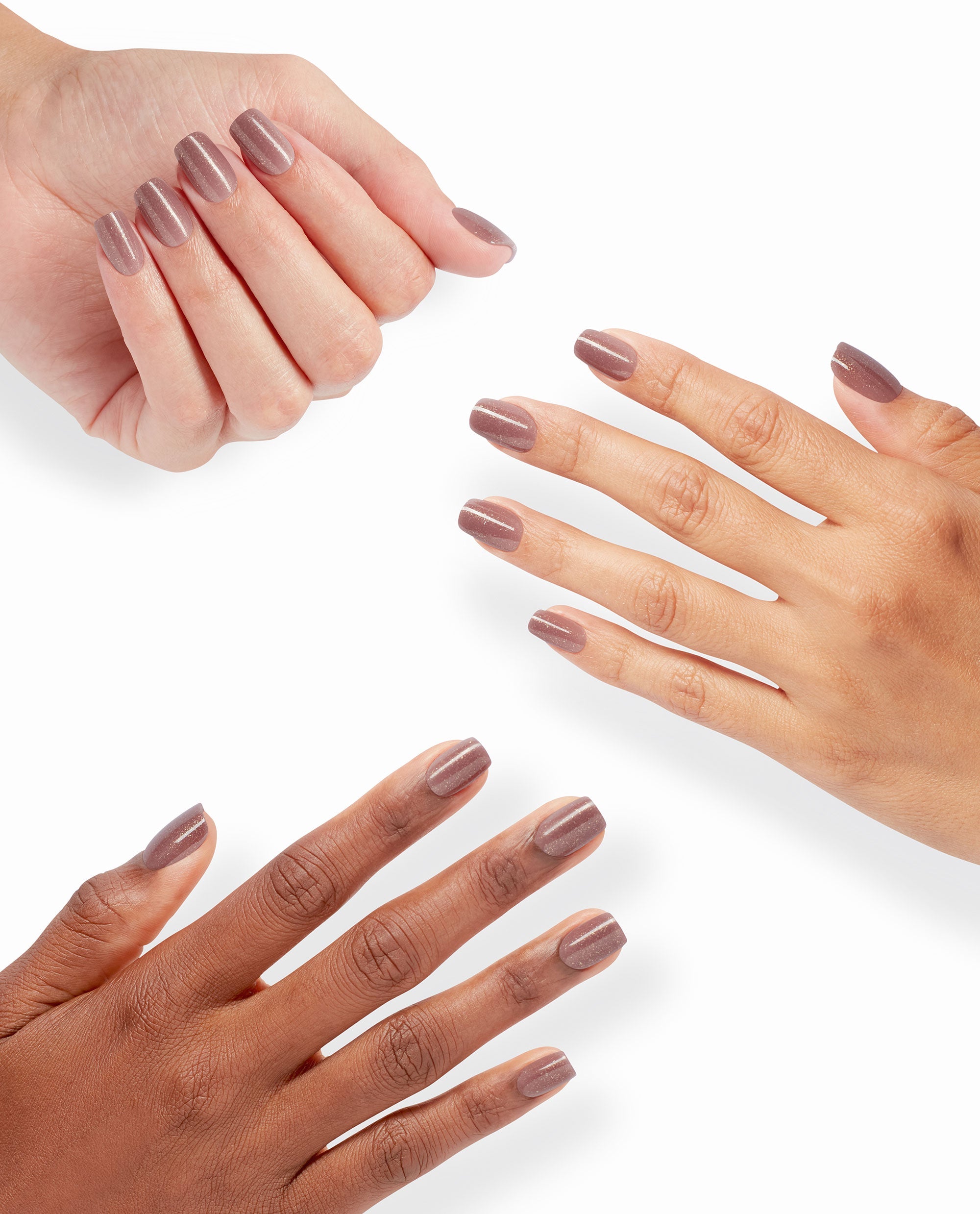 Hands model OPI xPRESS/ON Track Suited Cutie press-on nails in a glossy mauve shimmer shade, showcasing chic fall nail colors against a clean white background.