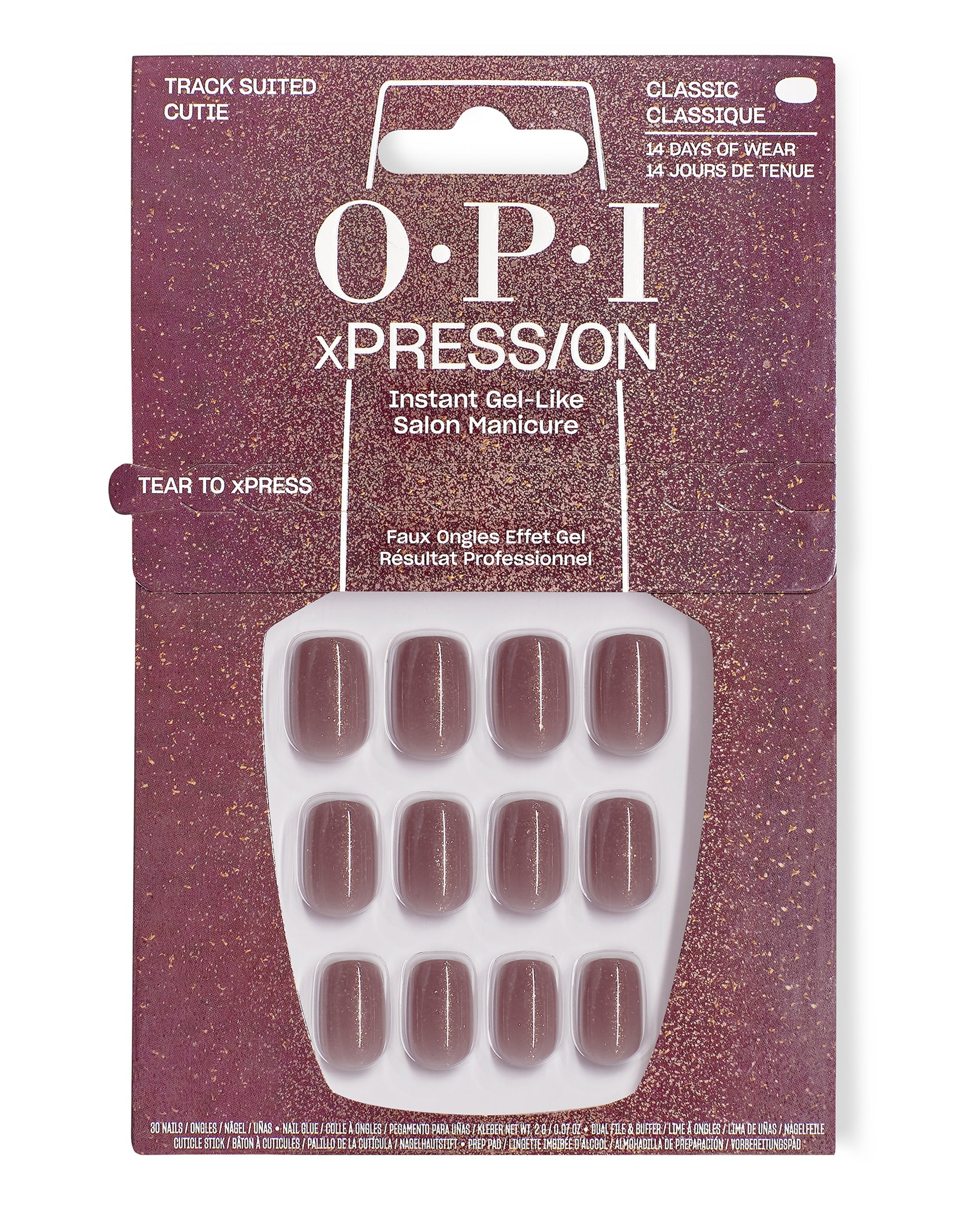 OPI xPRESS/ON Track Suited Cutie press-on nails in dusty mauve shimmer displayed in glittery burgundy packaging, a classic short fall nail color set with up to 14 days of wear.
