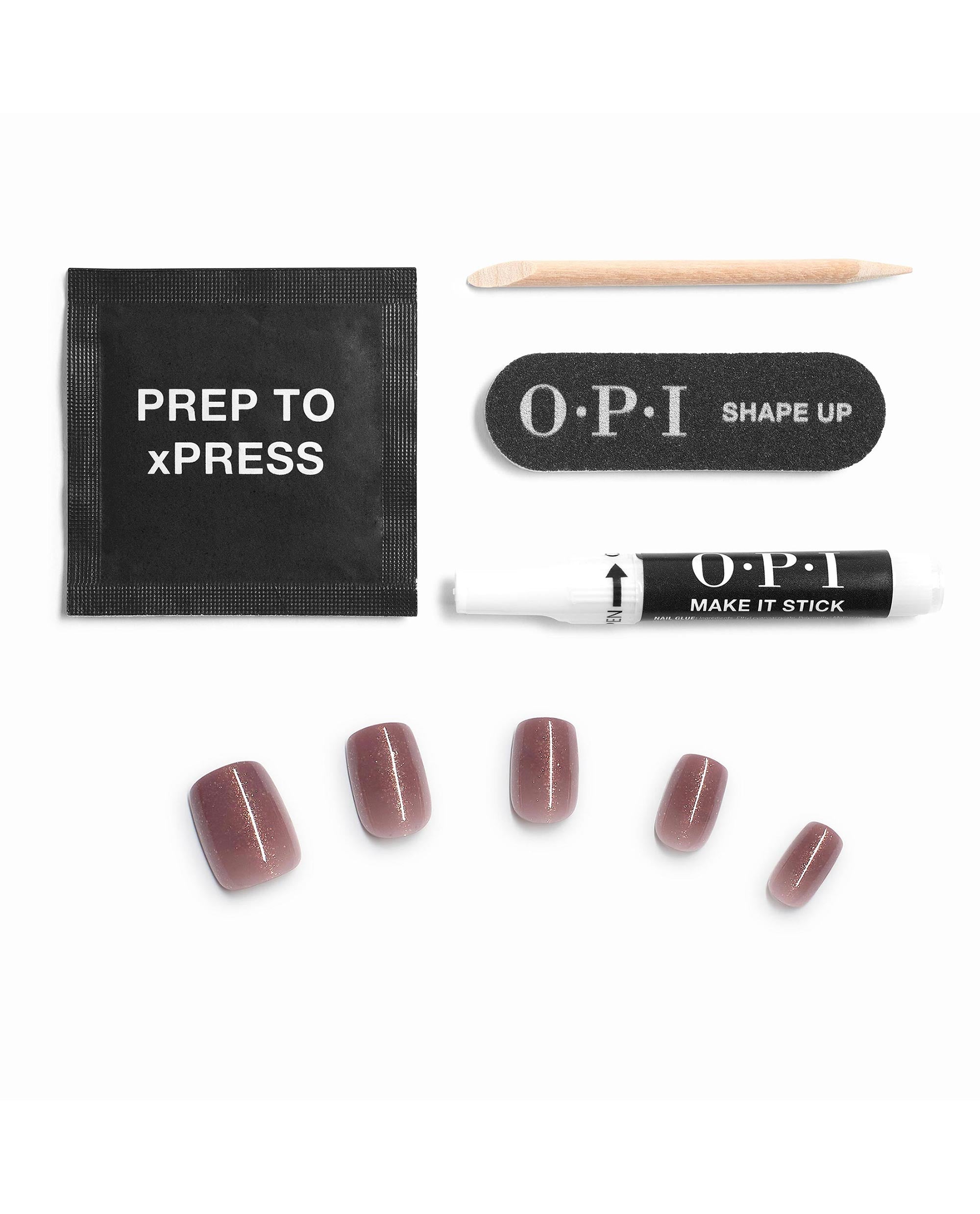 OPI Track Suited Cutie xPRESS/ON press-on nail kit displays mauve shimmer fall nail colors with adhesive glue, prep pad, nail file, cuticle stick, and assorted artificial nails on a white background.