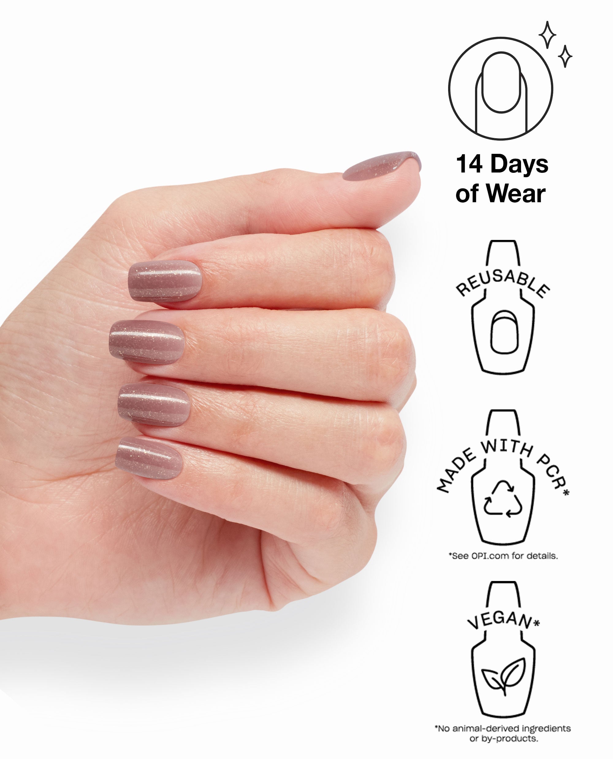 Hand wearing OPI Track Suited Cutie xPRESS/ON nails in a shimmering mauve taupe fall nail color, shown with icons for 14 days of wear, reusable design, PCR material, and vegan formula.