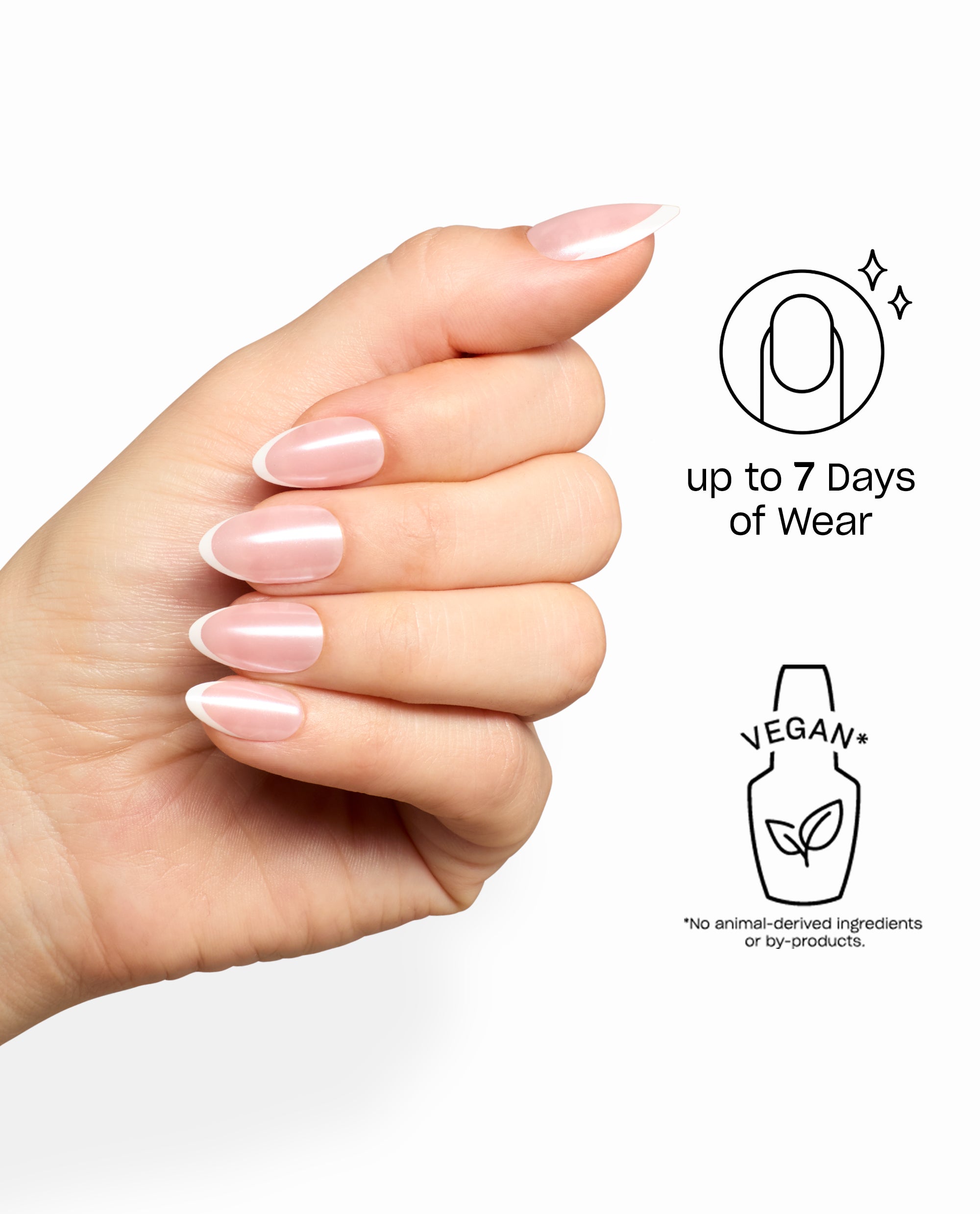 Hand wearing Très Chic Glaze Sticking Point artificial nails with glossy pink French tips, highlighting up to 7 days of vegan wear for OPI fall nail colors inspiration.
