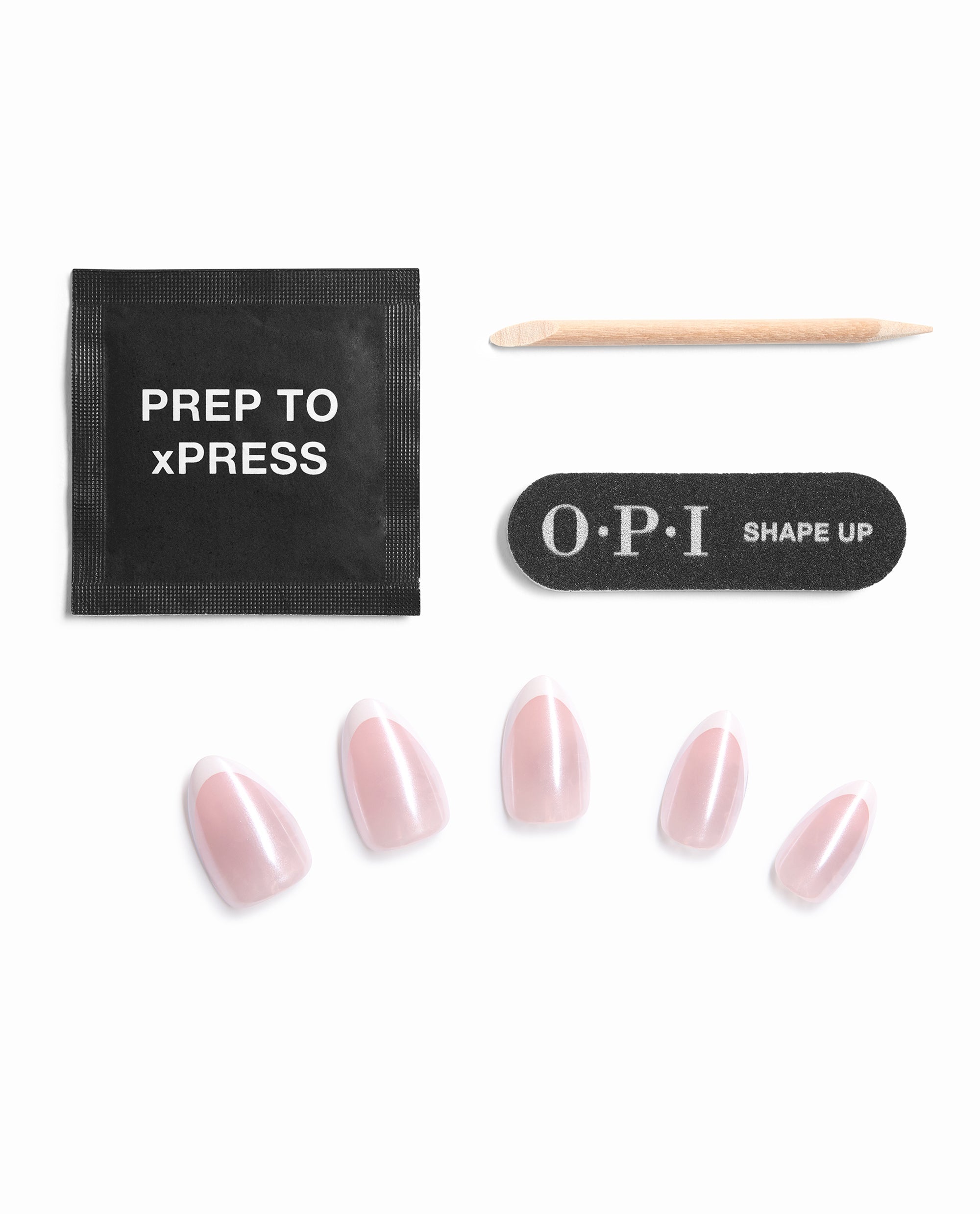 Trés Chic Glaze Sticking Point press-on nail kit displays pink glazed artificial nails, OPI Shape Up file, wooden cuticle stick, and Prep To xPress pad on a white background, ideal for OPI fall nail colors.