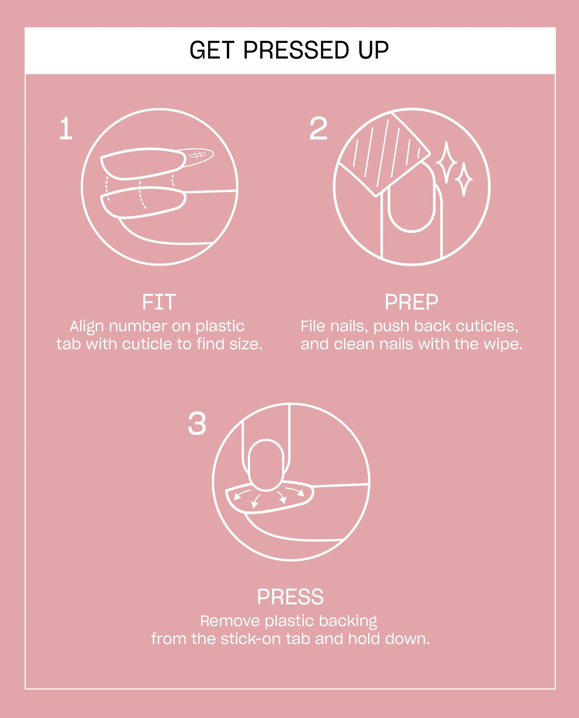 OPI Très Chic Glaze Sticking Point guide shows press-on nail application steps: fit tabs to cuticles, prep nails with file and wipe, then press adhesive backing in place.