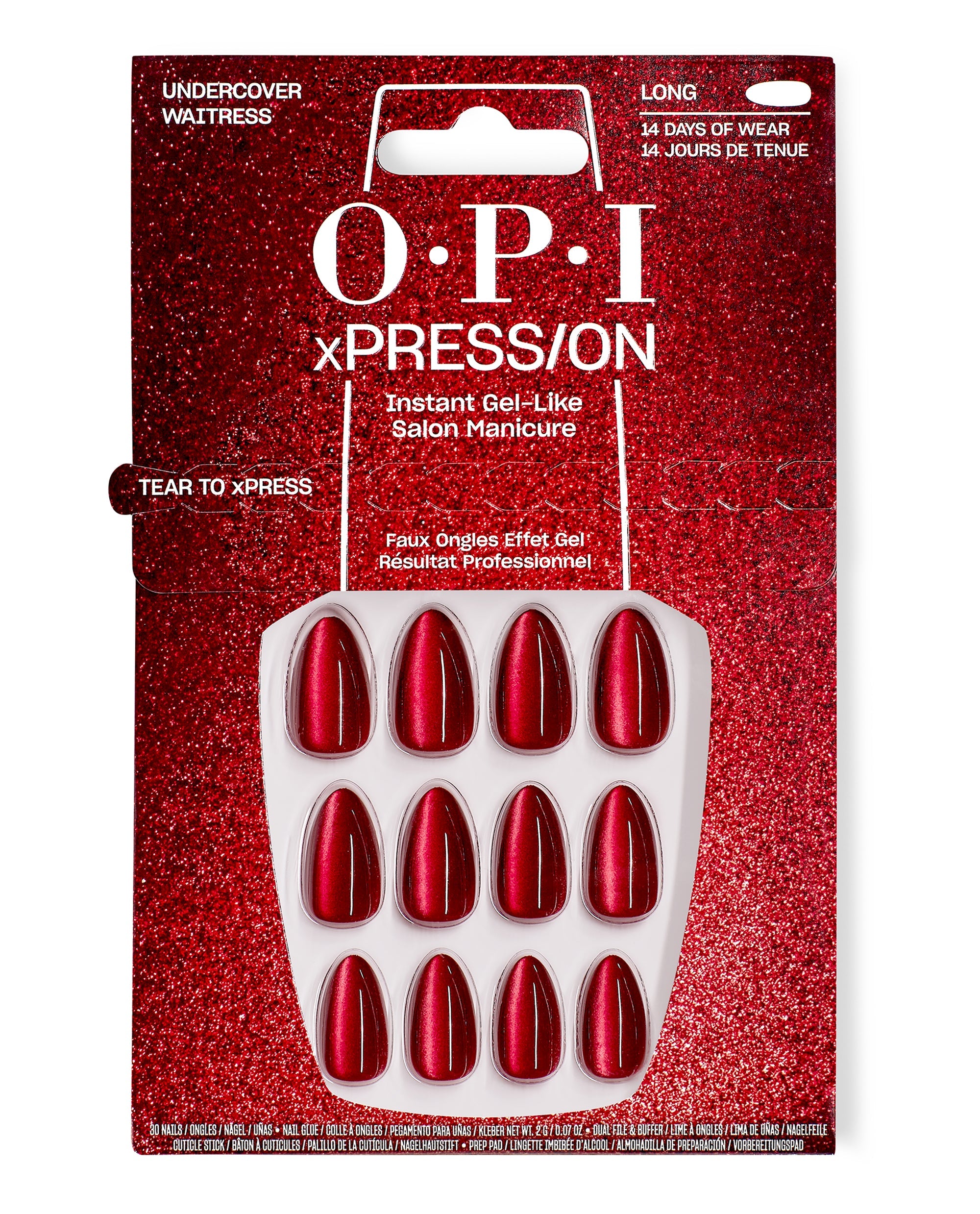 OPI xPRESS/ON Undercover Waitress long press-on nails display glossy deep red shimmer tips in a red glitter package for an instant gel-like manicure, a bold choice among fall nail colors.