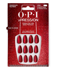 OPI xPRESS/ON Undercover Waitress long press-on nails display glossy deep red shimmer tips in a red glitter package for an instant gel-like manicure, a bold choice among fall nail colors.