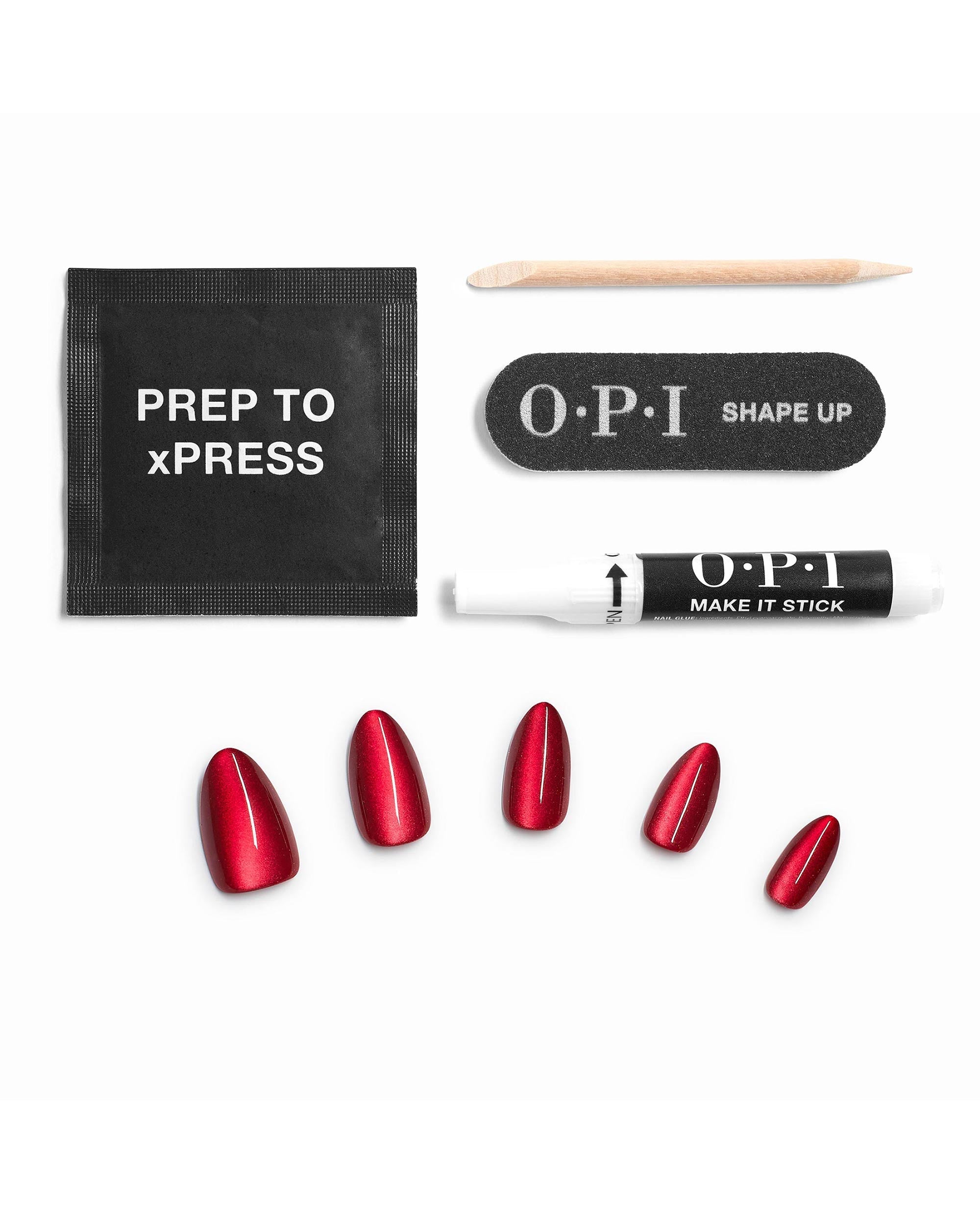 OPI Undercover Waitress xPRESS/ON kit displays metallic red press-on nails with prep pad, nail file, cuticle stick, and glue pen on a white background, ideal for fall nail colors.