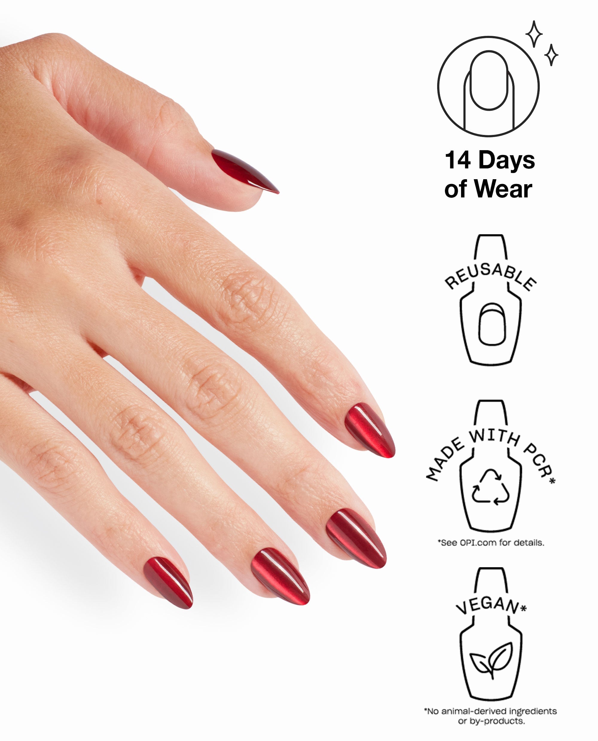 Hand wearing OPI xPRESS/ON Undercover Waitress glossy deep red almond press-on nails, a chic fall nail color with 14 days of wear, reusable design, PCR materials, and vegan formula.