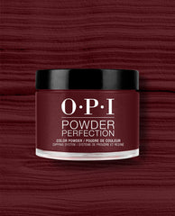 OPI Powder Perfection Vampire State Building dipping powder jar in deep burgundy red with black lid, shown against a matching textured swatch for rich fall nail colors.