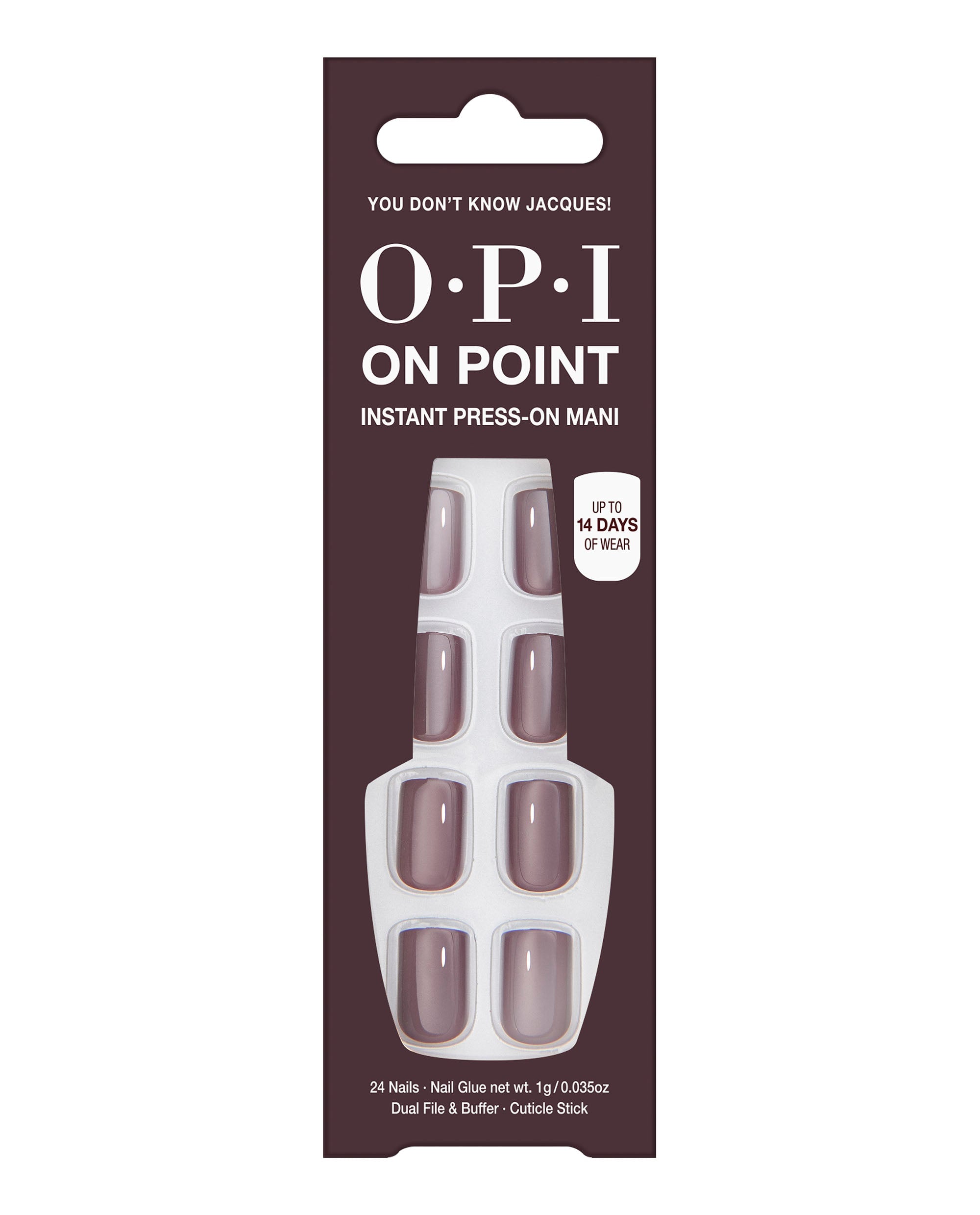 OPI On Point You Don’t Know Jacques! press-on nails display glossy taupe-brown fall nail colors in retail packaging with nail glue, file, buffer, cuticle stick, and up to 14 days of wear.
