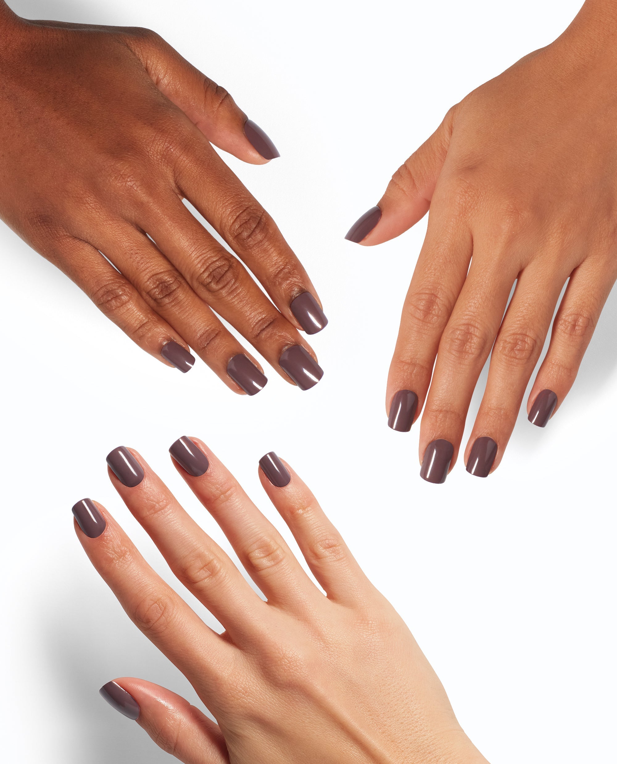 Three hands display glossy taupe-brown OPI You Don't Know Jacques! On Point manicures with short square nails on a clean white background, showcasing chic fall nail colors.