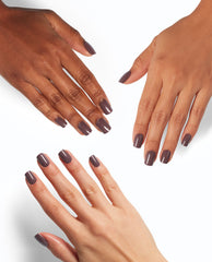 Three hands display glossy taupe-brown OPI You Don't Know Jacques! On Point manicures with short square nails on a clean white background, showcasing chic fall nail colors.