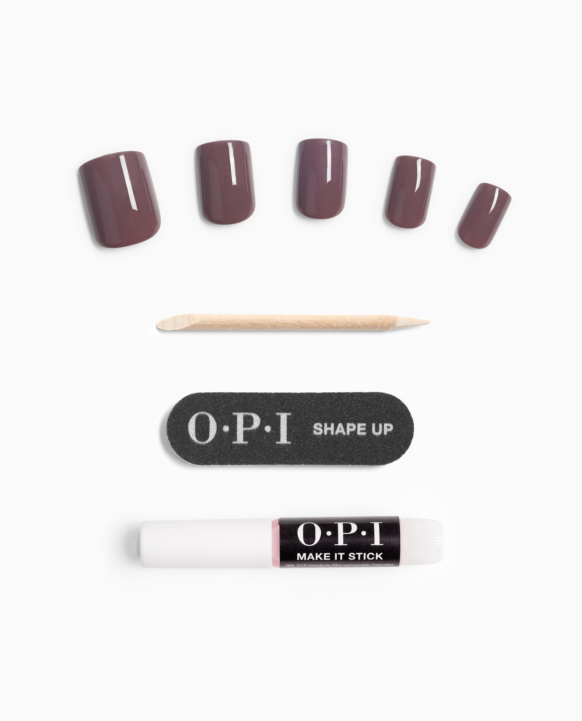 OPI You Don’t Know Jacques! On Point press-on nail set in glossy taupe mauve, displayed with nail glue, cuticle stick, and Shape Up file on a white background for chic fall nail colors.