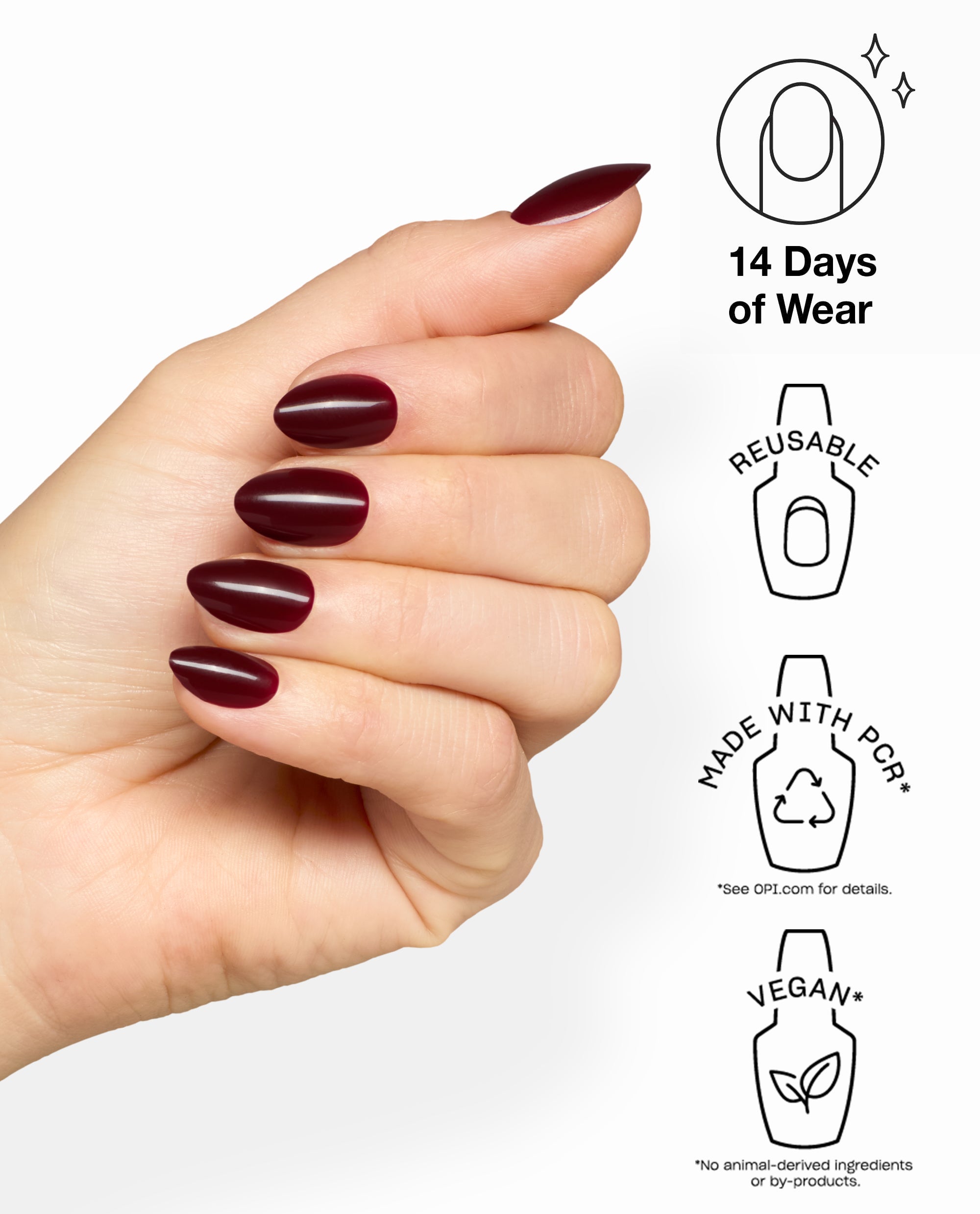 Hand wearing OPI xPRESS/ON You Don’t Know Malaga deep burgundy almond press-on nails, a glossy fall nail color, beside icons for 14 days of wear, reusable, made with PCR, and vegan.