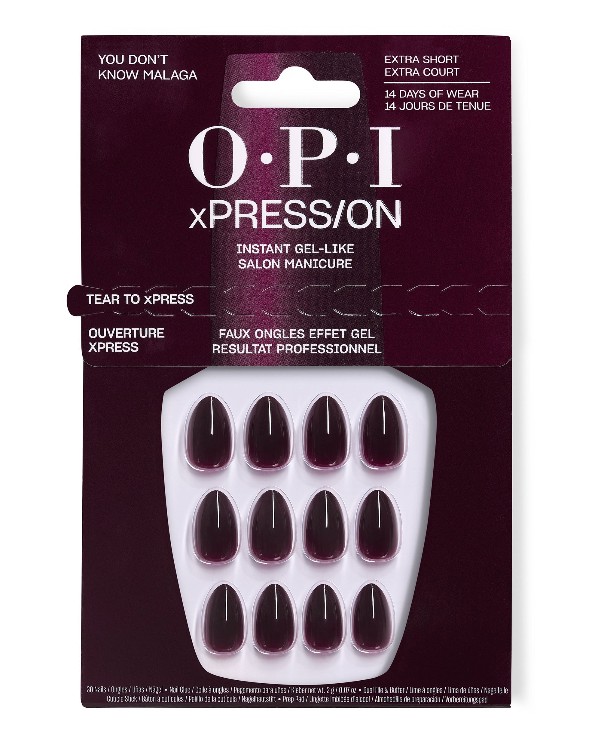 OPI xPRESS/ON You Don’t Know Malaga extra short press-on nails display glossy deep burgundy fall nail colors in retail packaging with 14 days of wear.