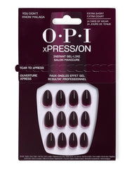 OPI xPRESS/ON You Don’t Know Malaga extra short press-on nails display glossy deep burgundy fall nail colors in retail packaging with 14 days of wear.