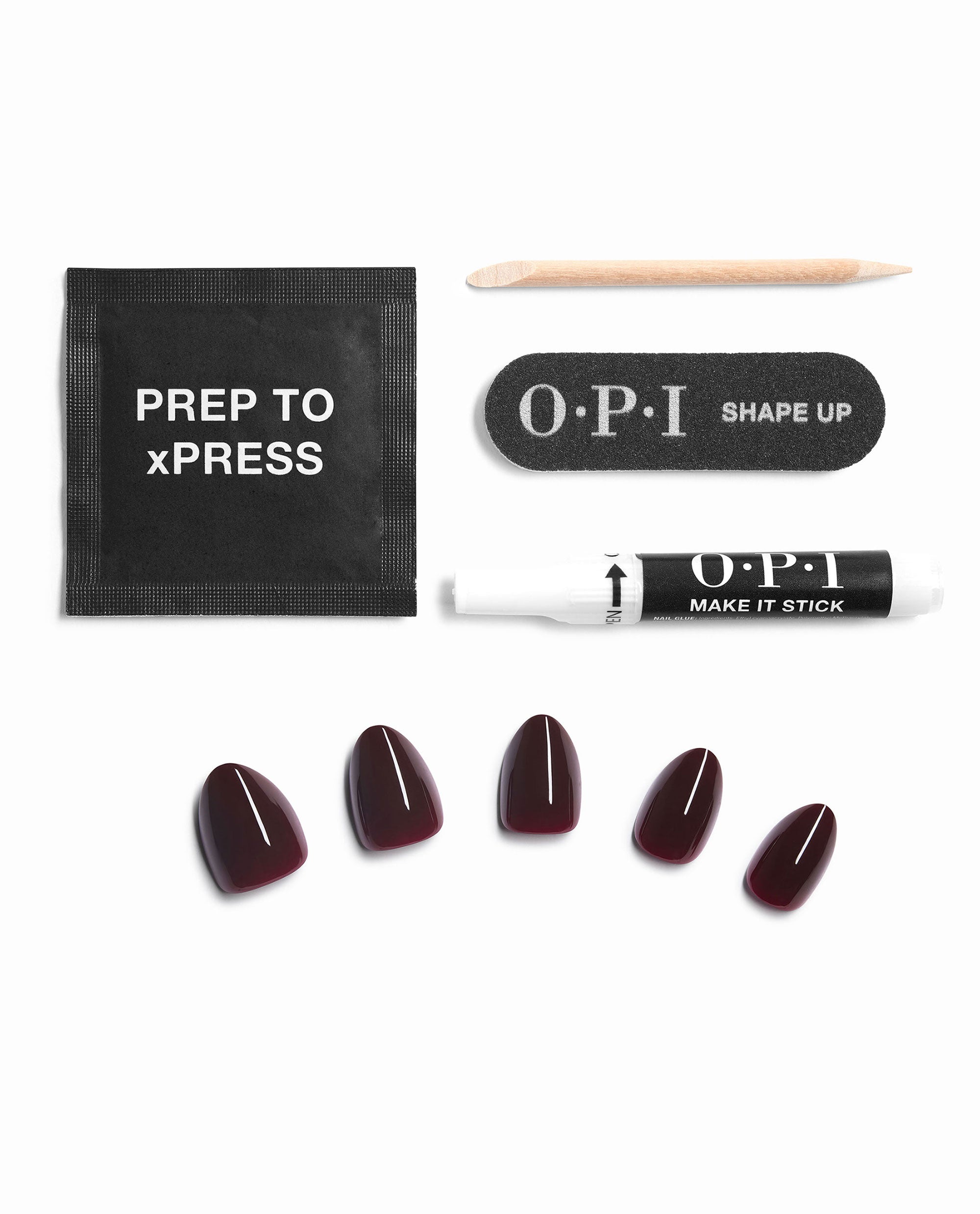 OPI You Don’t Know Malaga xPRESS/ON press-on nails in glossy deep burgundy are arranged with prep pad, nail file, cuticle stick, and glue, showcasing rich fall nail colors on a white background.