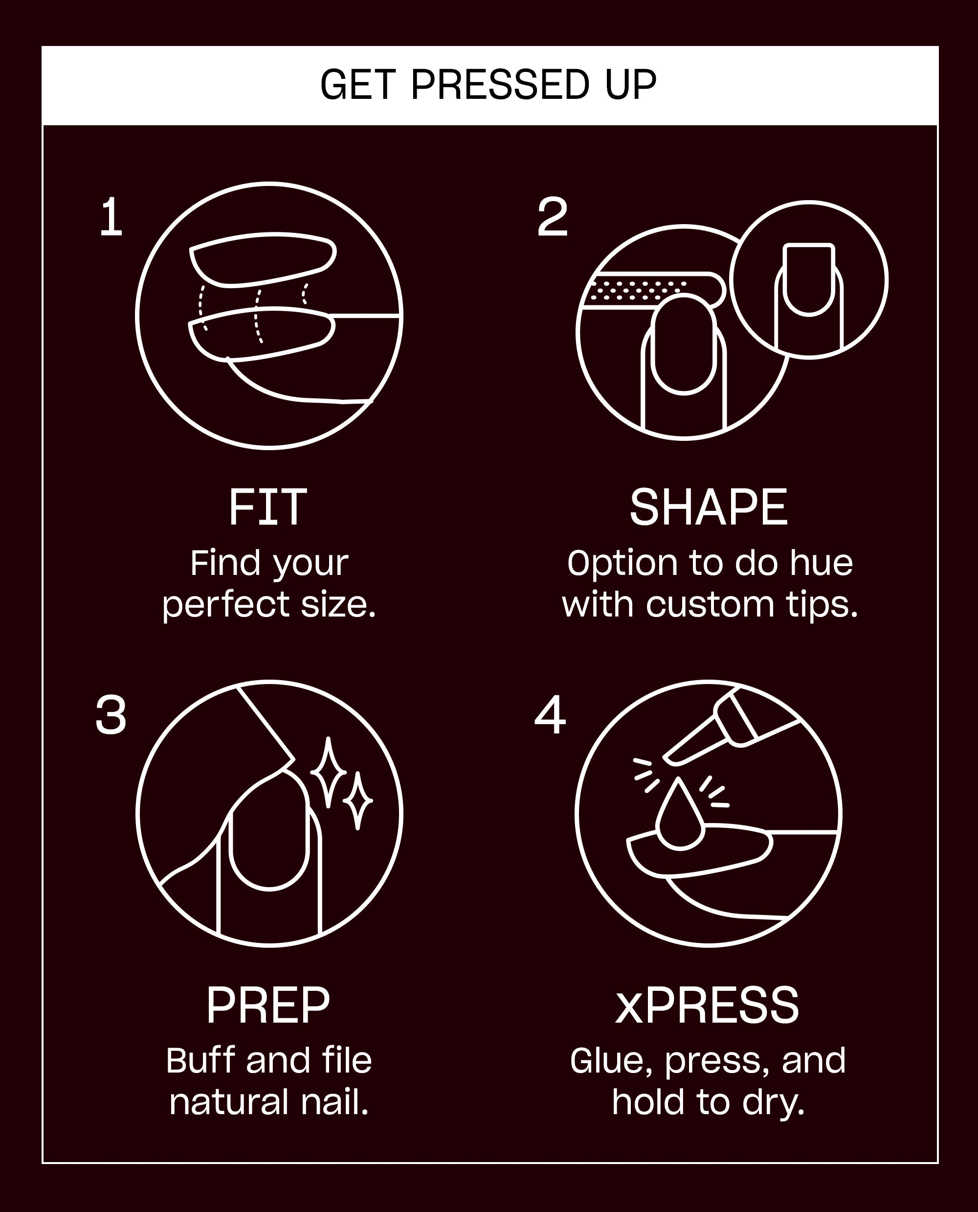 OPI xPRESS/ON You Don’t Know Malaga instruction card shows four steps - fit, shape, prep, and xPRESS glue application - in white line art on a deep burgundy background, ideal for fall nail colors.