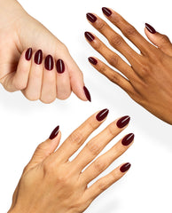 Hands model OPI xPRESS/ON You Don’t Know Malaga press-on nails in glossy deep burgundy almond shapes, showcasing rich fall nail colors on a clean white background.