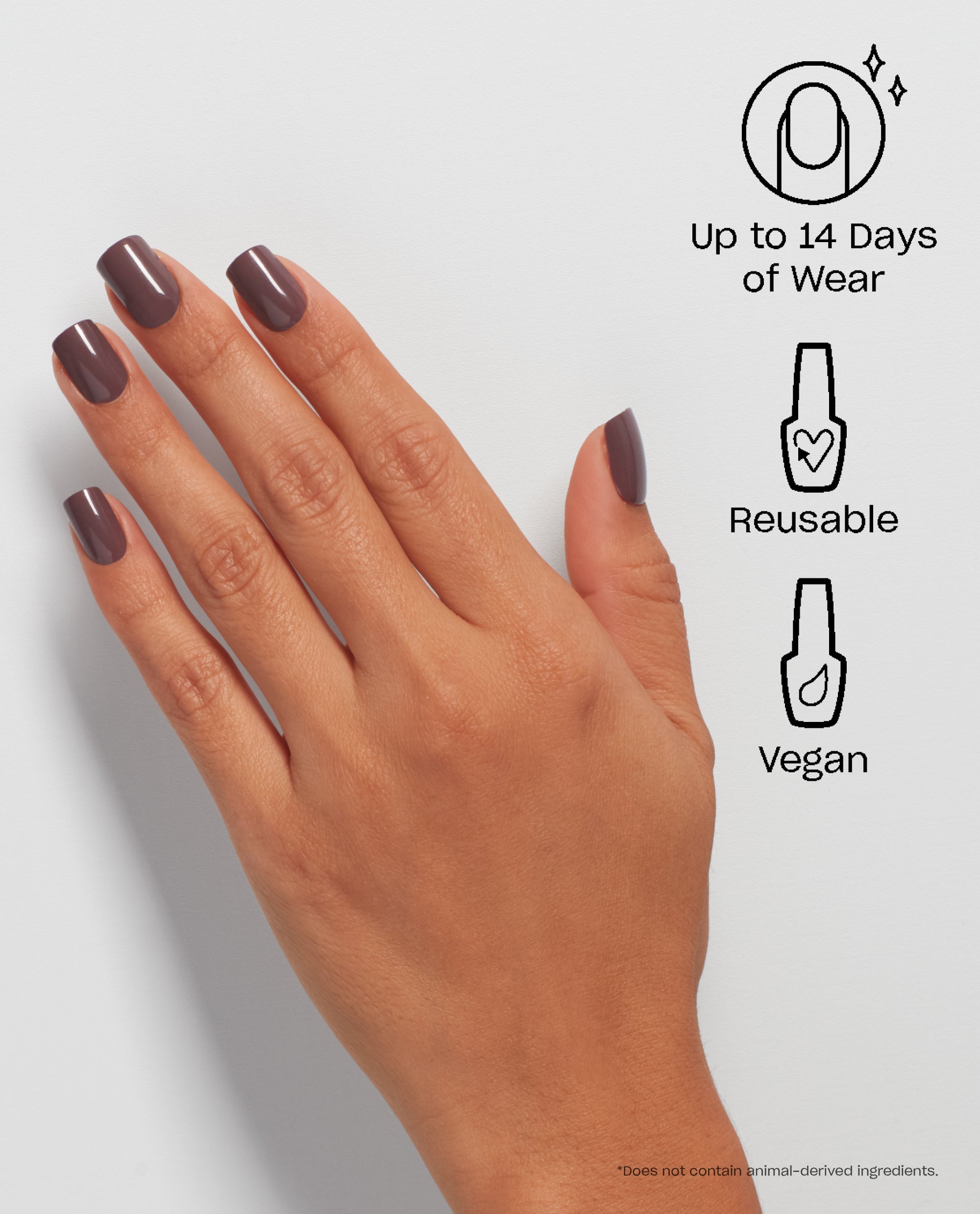 Hand wearing OPI You Don’t Know Jacques! On Point glossy taupe press-on nails, a reusable vegan fall nail color with up to 14 days of wear on a light gray background.