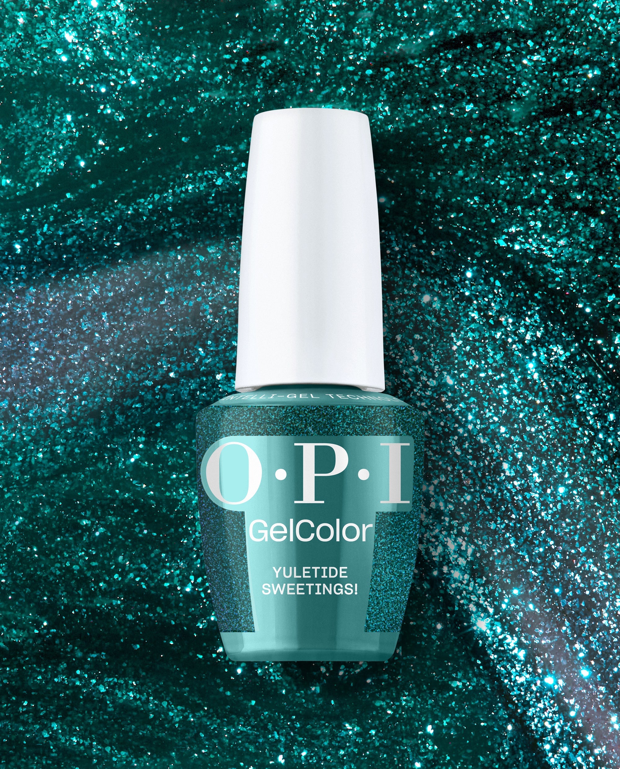 OPI GelColor Yuletide Sweetings! bottle standing upright, displaying a shimmery teal green gel nail polish with a white cap against a sparkling glitter backdrop, an OPI green nail polish choice for spring nail colors and festive looks.