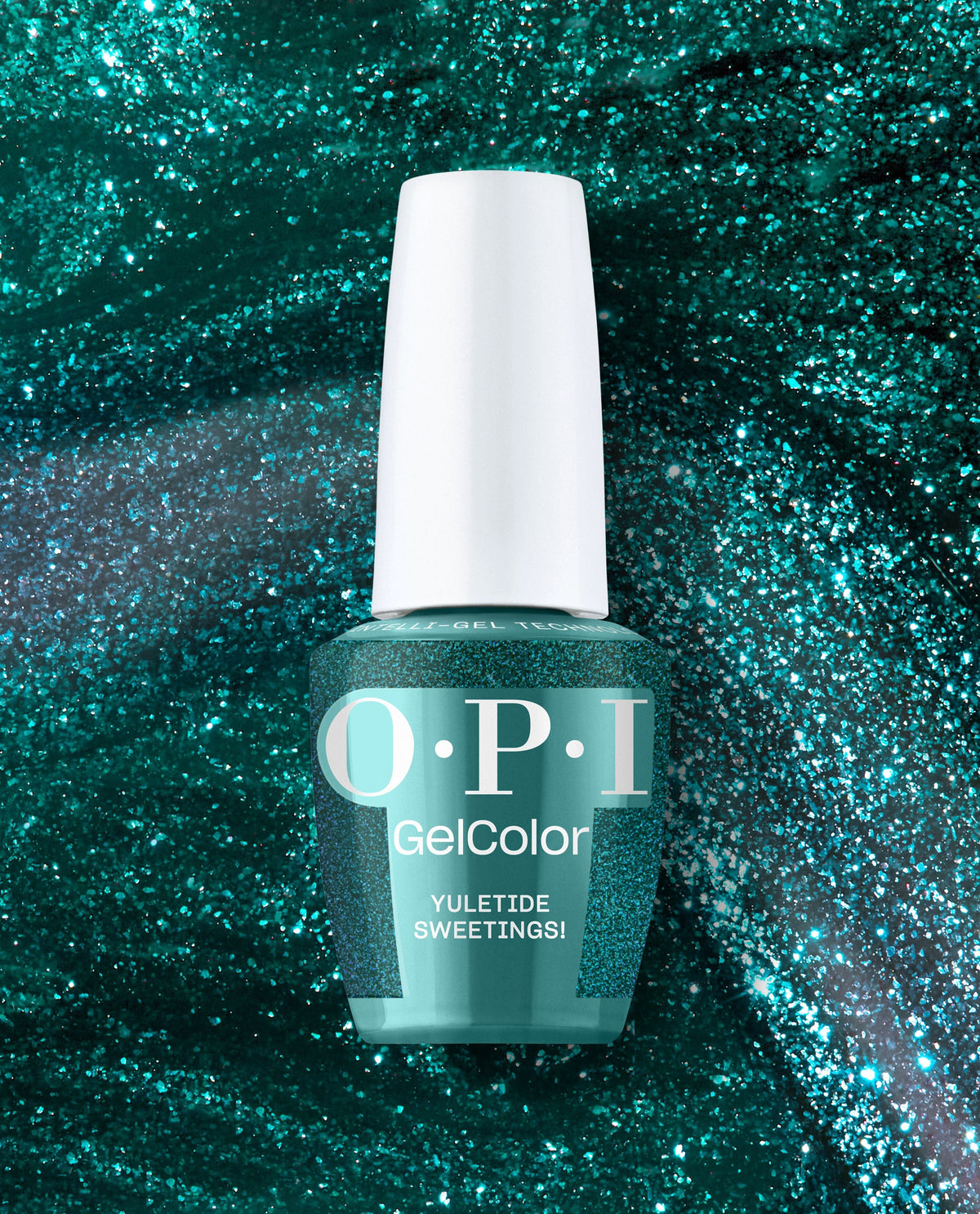 OPI GelColor Yuletide Sweetings! bottle standing upright, displaying a shimmery teal green gel nail polish with a white cap against a sparkling glitter backdrop, an OPI green nail polish choice for spring nail colors and festive looks.